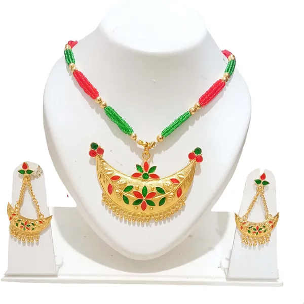 Assamese_Traditional_Gold_Plated_Red_Green_Colour_Joonbiri_Tassel_Jewellery_Set_For_Women